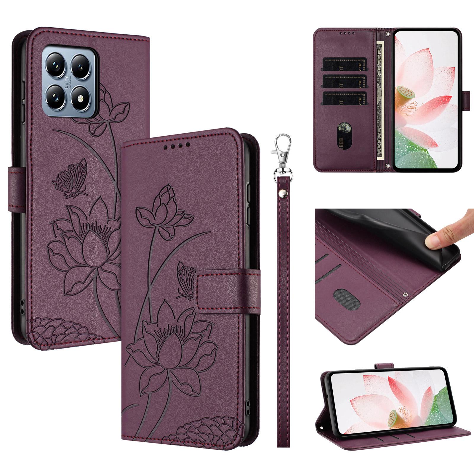 

For Xiaomi 15T Case Wallet Stand Lotus Imprint Leather Phone Cover with Wrist Strap