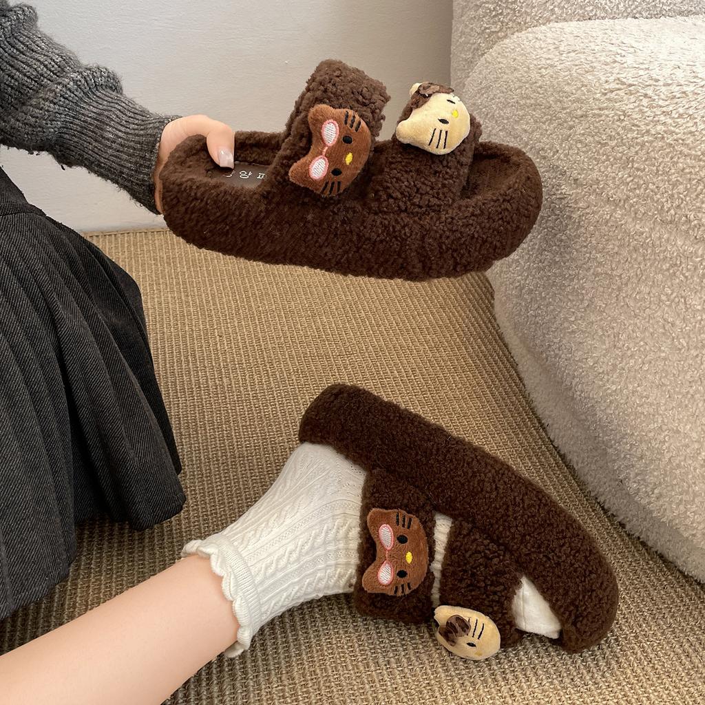 Cute cartoon black non-slip thick-soled fluffy slippers for women's outer wear 2025 new autumn and winter versatile soft bottom one-word drag