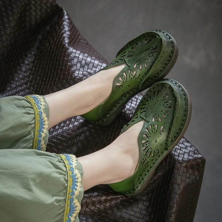 Johnature Genuine Leather Retro Hollow-out Breathable Sandals Versatile Comfortable Women's Slip-on Shoes