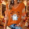 Women's V-Neck Casual Halloween Print Three-Quarter Sleeve Top for Fall Festive Occasions