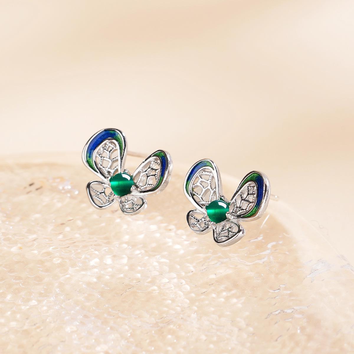 Tichiya S925 Sterling Silver Filigree Butterfly Earrings with Green Chalcedony for Women - Versatile, Fashion-Forward Lucky Butterfly Design.