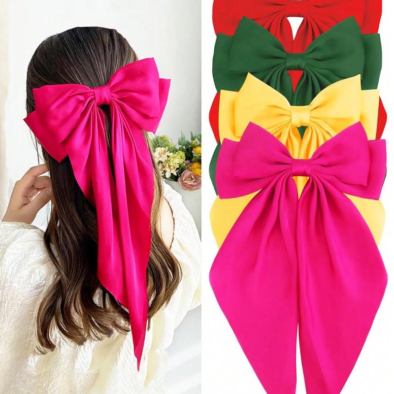4Pcs Hair Bows Clips For Women, Black Bow White Bow Pink Bows Bow Hair Clips For Women Ribbons Bow Barrettes Satin Hair Bows Long Tail Clips
