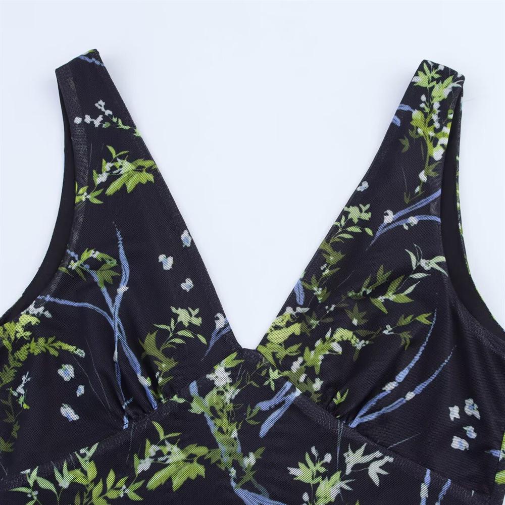 2025 Spring/Summer Women's Slimming Floral Silk V-Neck Sleeveless Dress