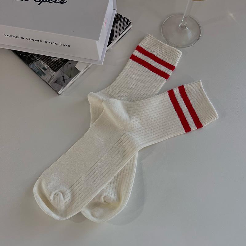 

Women s Retro Striped Double Needle Mid-Calf Cotton Socks One Size 35-43 (Double Knit)