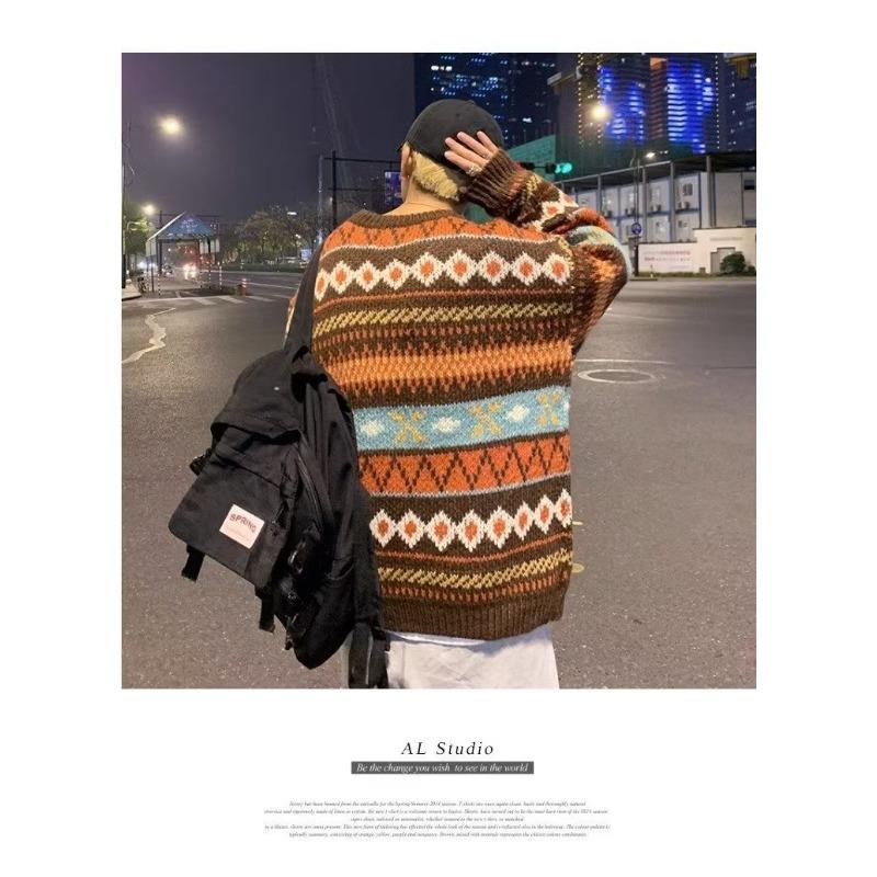 Heren Vintage Etnische Fair Isle Jacquard Gestreept Gebreide Trui Warm Herfst Winter Pullover