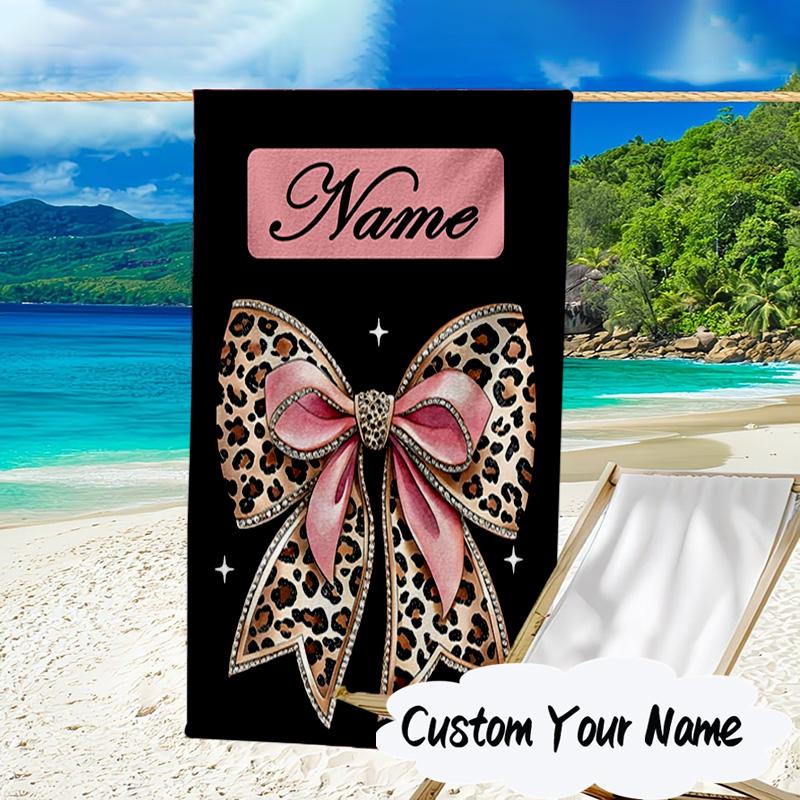 Custom Name Leopard Print Bow Microfiber Beach Towel Super Soft & Absorbent for Bath, Beach, Travel Bath Time Accessory, Fan Gifts
