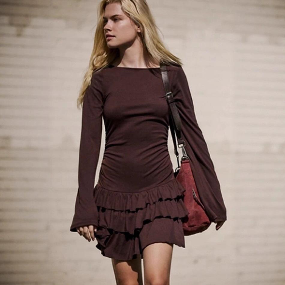 

Women s Long Sleeve Brown Bodycon Dress with Ruffled Hem in Multiple Colors XXL темно-коричневого