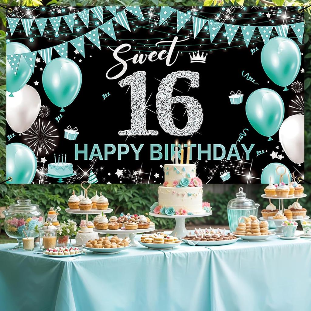 Sweet 16 Party Decorations, Fabric Happy 16th Birthday Banner Backdrop, Sweet Sixteen Birthday Decorations for Girls, Turquoise 16 Birthday Yard Sign