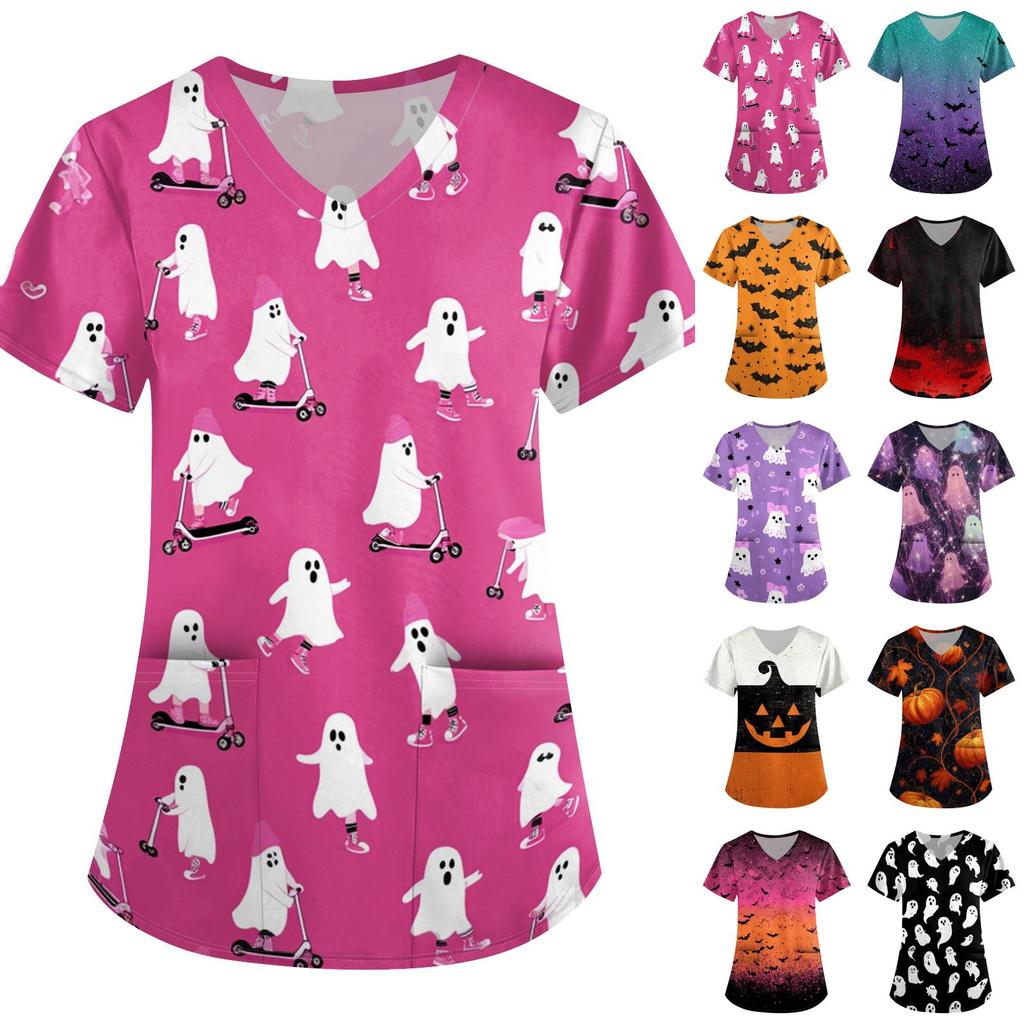 Women's Halloween Print Loose Fit V Neck Short Sleeve Scrub Top with Pockets Medical Uniform Workwear for Healthcare Professionals