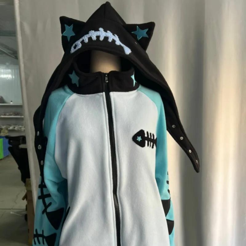 

Контрастный цвет Каваи Рыбья кость Толстовки Женские Винтажные Y2k Эстетика Оверсайз Уличная одежда Худи Харадзюку Толстовка на молнии XXL