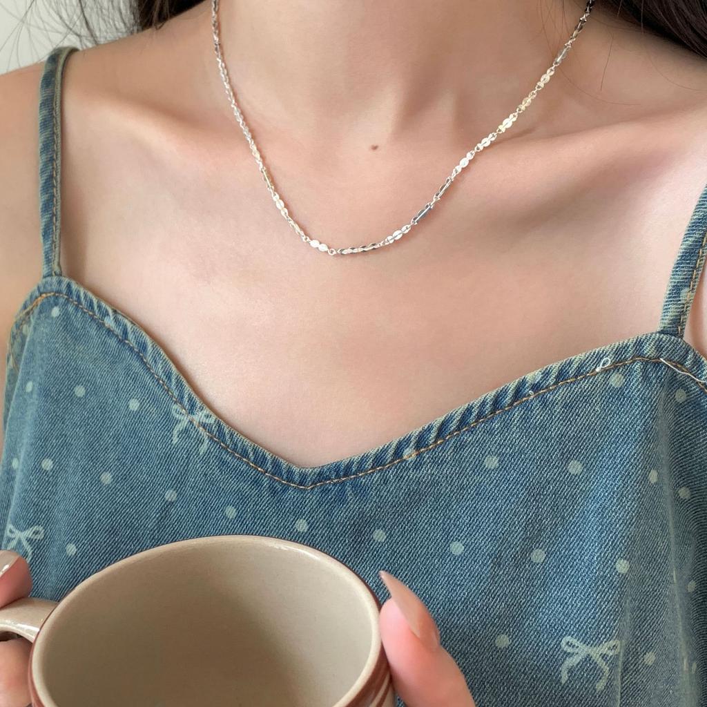 Versatile Peach Chain Glitter Tablet Plain Chain Necklace Female S925 Silver Stacked Wear Universal Clavicle Chain