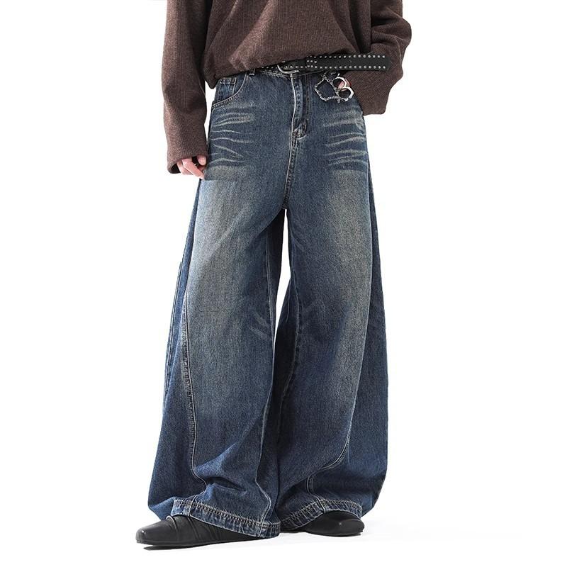 Men's American Retro Whiskered Scimitar Jeans - High Street Loose Fit, Clean Straight Wide-Leg Pants
