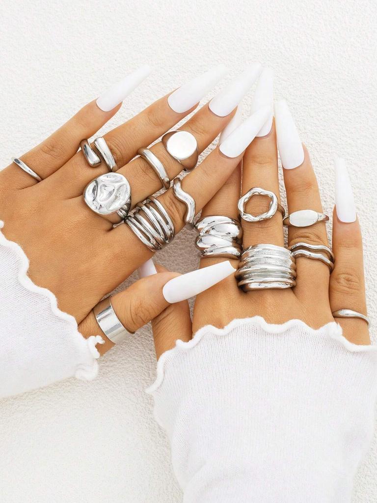 14pcs Asymmetrical Design Cocktail Rings Set For Women Vintage Smooth Chunky Geometric Irregular Finger Rings Daily Jewelry Gift