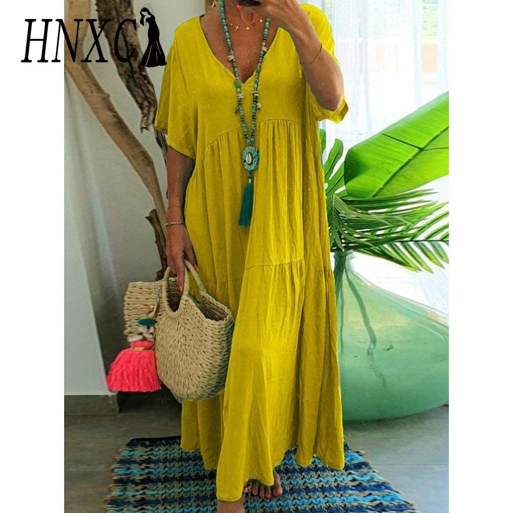 

HNXC Женское летнее модное однотонное платье с V-образным вырезом больших размеров Свободное длинное повседневное платье с коротким рукавом XXXXXL жёлтый