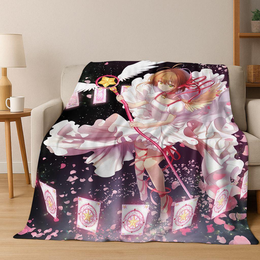 Cute Cartoon Card Captor Sakura Magic Girl Anime Art Flannel Blanket,Cozy Soft Throw Blanket for Home Bedroom Bed Sofa Cover Kid