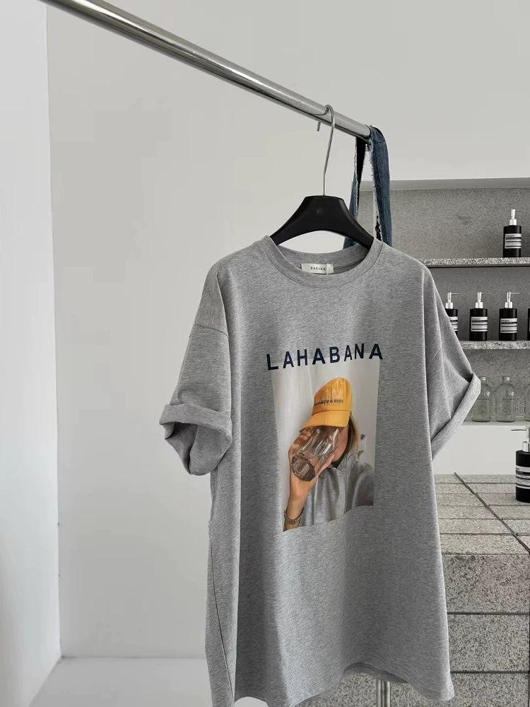 Women s Plus Size Korean Dongdaemun Cotton Short Sleeve T-shirt - American Style, Loose Fit, Versatile Character Print M светло-серый