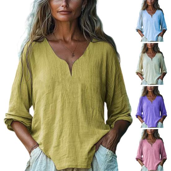Women Tops Soft Fabric Breathable Loose Fit Blouse Three-Quarter Sleeve V-Neck Casual Spring Summer Shirt