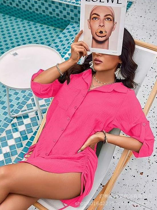 2025 New Style Women's Drawstring Bikini Cover-up Beach Dress Shirt
