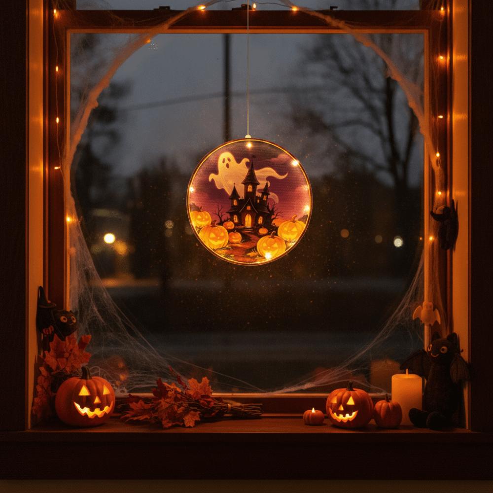 Warm Yellow Glow Pumpkin Hanging Lamp Ghost Silhouette Light Holiday House Decoration