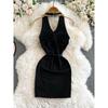 French Style Classic Style Fancy Beaded Sequins V-neck Halter Sleeveless Waist-Tight Sheath Strap Showing Chest Pad Dress