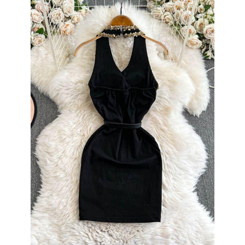French Style Classic Style Fancy Beaded Sequins V-neck Halter Sleeveless Waist-Tight Sheath Strap Showing Chest Pad Dress