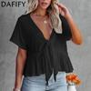 Damemote Uformelt sommer Ensfarget trykk Kortermet V-hals bluser og skjorter