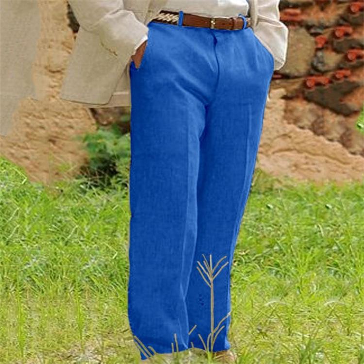 

Модные мужские повседневные брюки из льна с прорезными карманами, однотонные, удобные, дышащие, для повседневного ношения на открытом воздухе, длинные, для библиотеки XXL синий