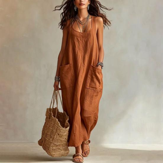 Summer Maxi Dresses for Women, Square Neck Sleeveless Casual Loose Long Dress, Beach Vacation Sundress with Pockets