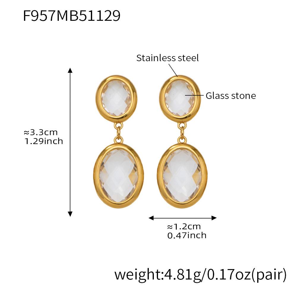 Orecchini a Pendente Ovali Geometrici Placcati Oro 18K con Pietra di Vetro Sfaccettata