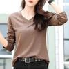 Long Sleeve Solid Plus Sizes [ODFMCE] Women's T-Shirt, Autumn, V-Neck, Cotton, Color, Stylish, (JP, Alphabet, M, Brown)