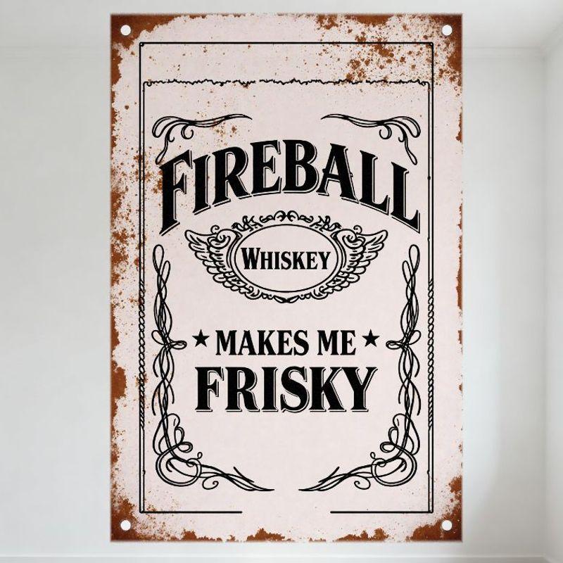 

Vintage Fireball Whiskey Frisky Metal Tin Sign - Rustic Off - White Background with Black Border & Decor, Retro Ad Warning Sign 20x30cm（7.8x11.8inch）