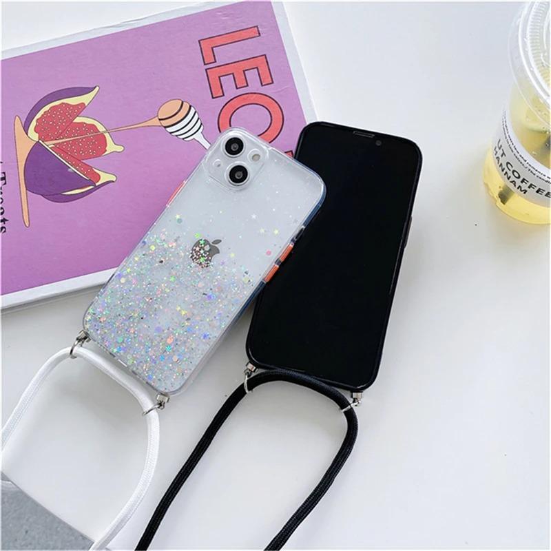 New Glitter Sequins Gradient Clear Necklace Strap Lanyard Phone Case For iPhone17 16 13 12 11 Pro Max14 15 Plus Soft Cover