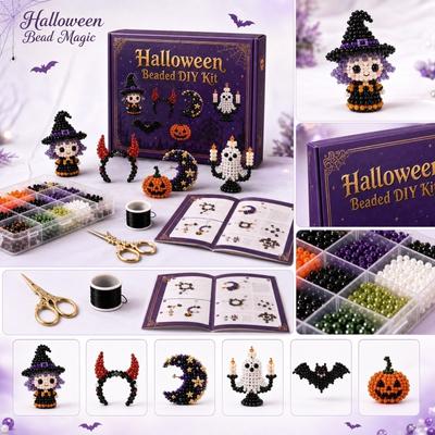 Halloween Beaded DIY Kit 3D Craft Set with Beads Wire Scissors and Instruction Booklet for Handmade Seasonal Decorations and Creative Projects