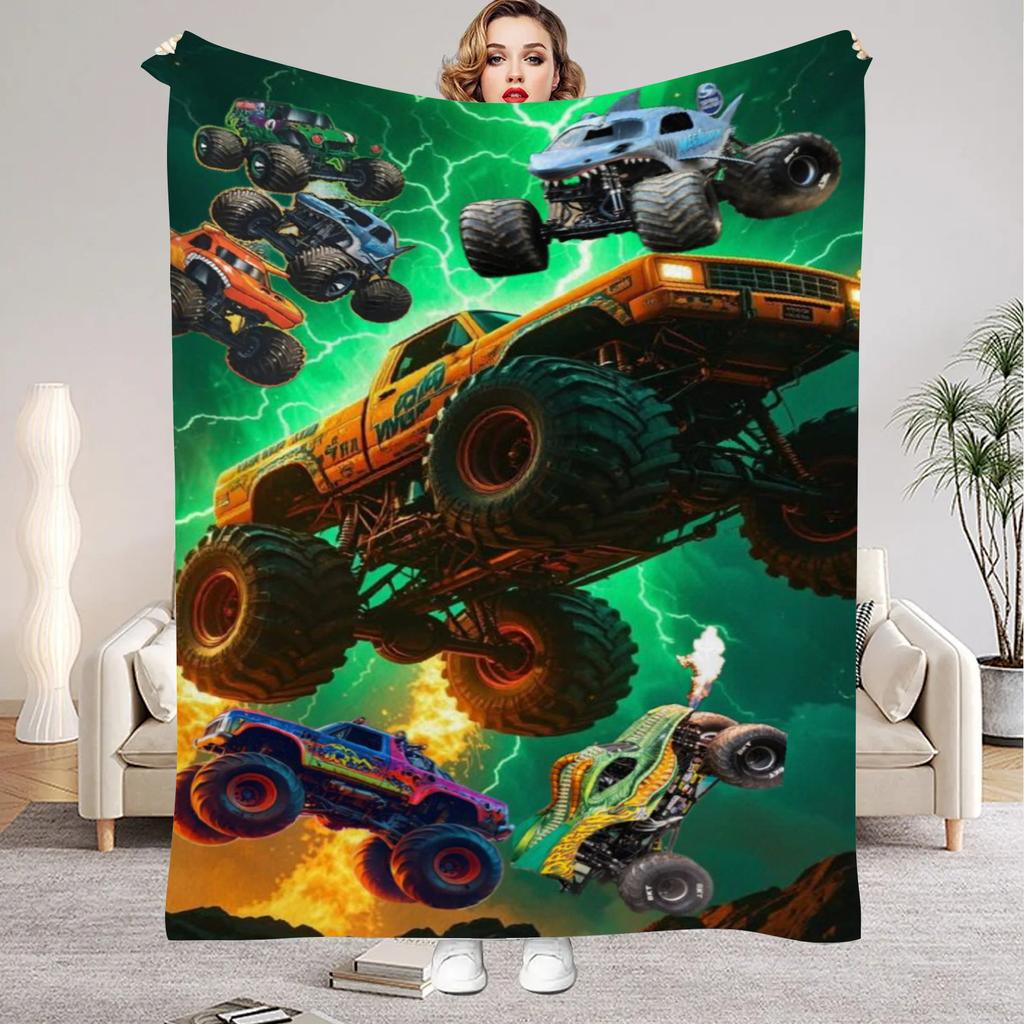 3D Monster Jam Monster Truck Cartoon Flannel Soft Throw Blanket Boys Bedroom Sofa Bed Warm Throw Blanket Picnic