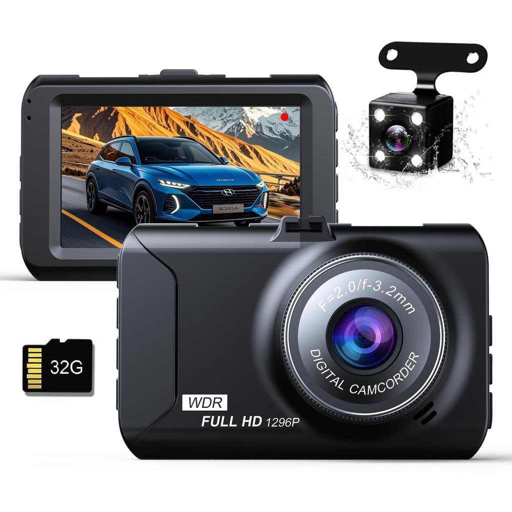 TORAKIND Industry Dash Cam with Front and Rear Dual LCD Full HD Wide Angle Compact Dash Cam with 32GB Image Correction Continuous Motion Nighttime