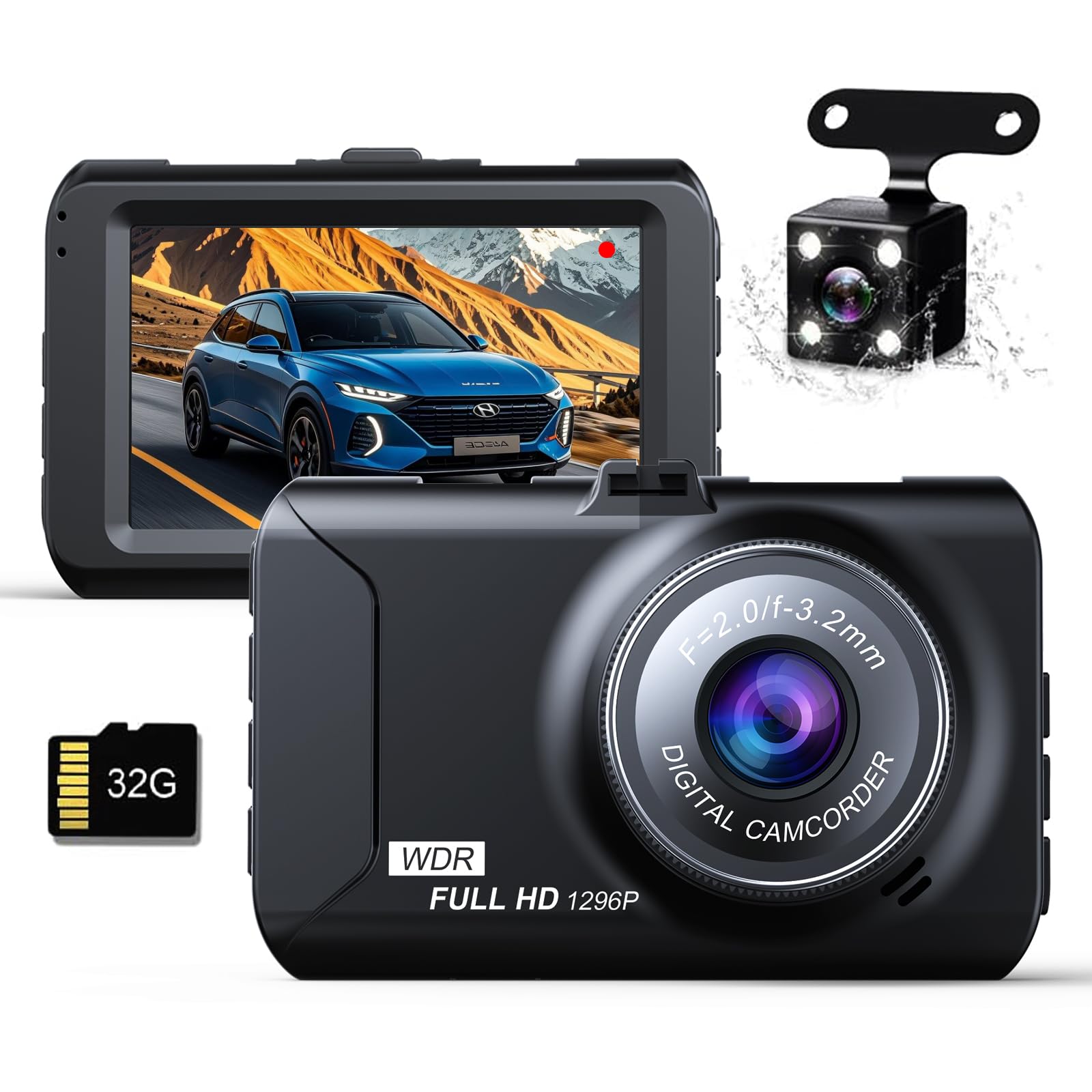 

TORAKIND Industry Видеорегистратор с передней и задней камерами, двойной ЖК-дисплей, Full HD, широкоугольный, компактный видеорегистратор с 32 ГБ, коррекция изображения, непрерывная запись, ночная съемка