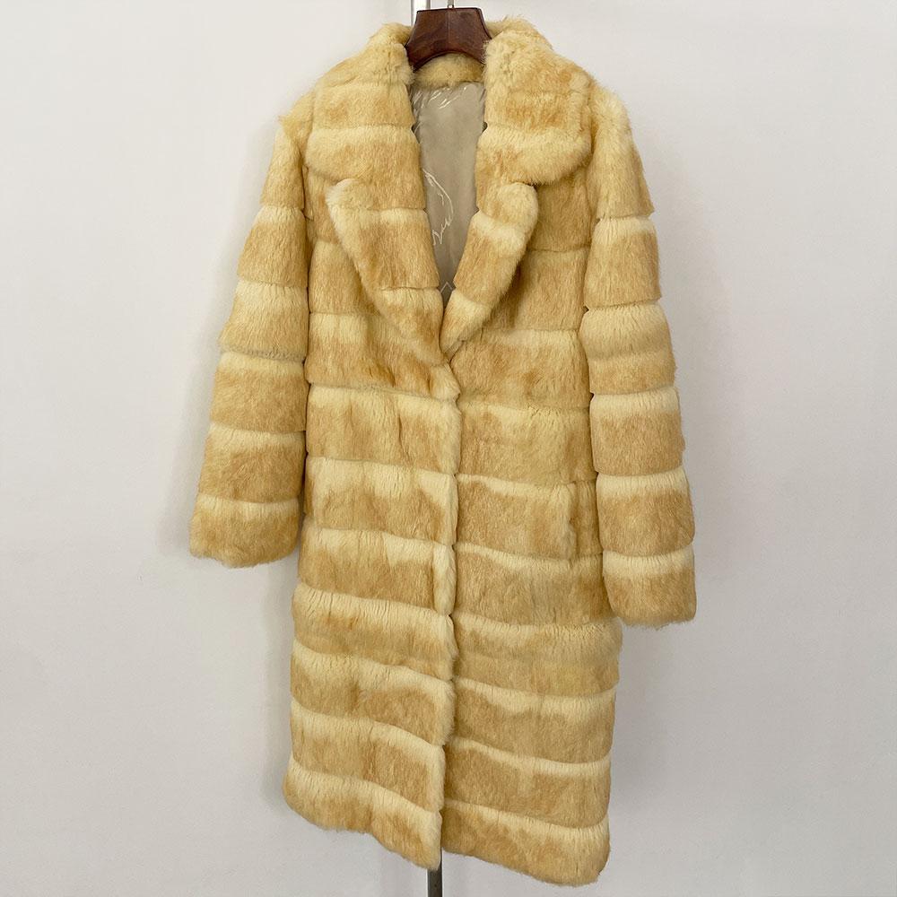 OFTBUY Winter Women Coat Natural Rabbit Fur One-piece Belt Turn-down Long Warm Thickened Jacket Customized Colors Overwears