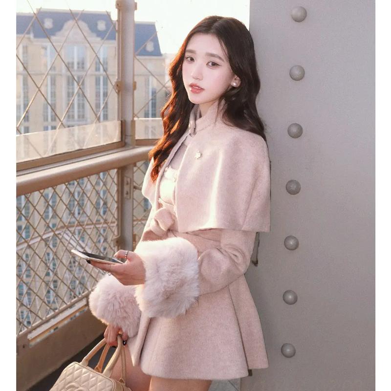 2025 Winter Französisch Vintage Elegant Wollmantel Frau Schwarz Schick Schal Umhang + Retro Locker Trenchcoat Damen Bandage Korea Modedesign Outfits