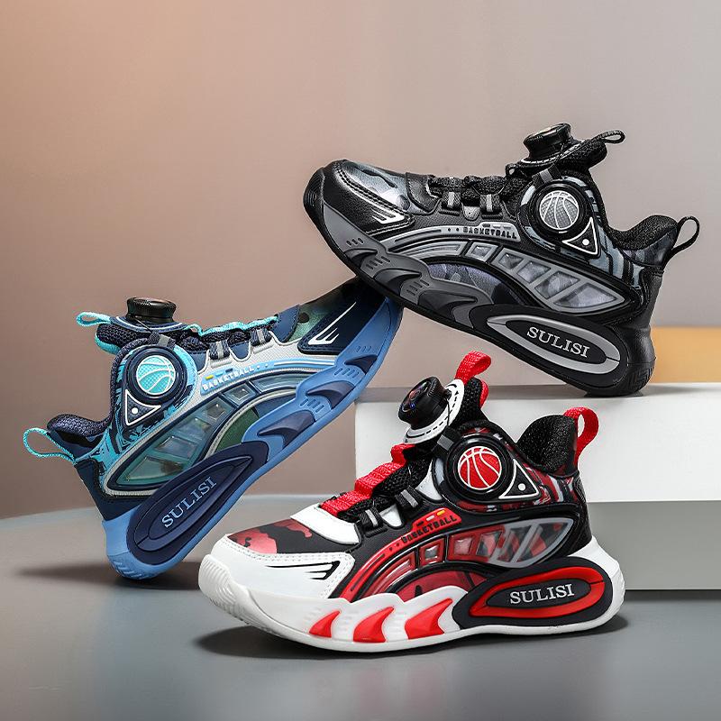 208 students children's fashion rotating buckle sports shoes running shoes boys autumn and winter leather surface primary school students casual sh