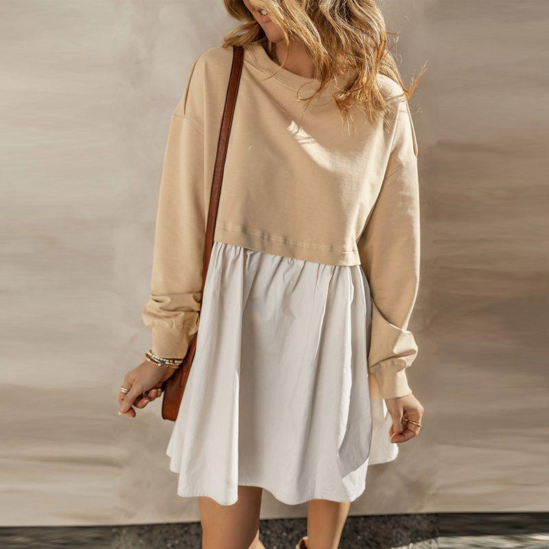 Autumn and Winter New Arrival Contrast Color Heterogeneous Patchwork Long Sleeves Dress Women European and American Leisure Loose Pleated Skirt Women