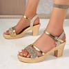 Fashion Gold Silver Sequins Chunky Heel Sandals for Women Summer 2025 Ankle Strap Platform Sandals Woman Fashion High Heel Party Shoes