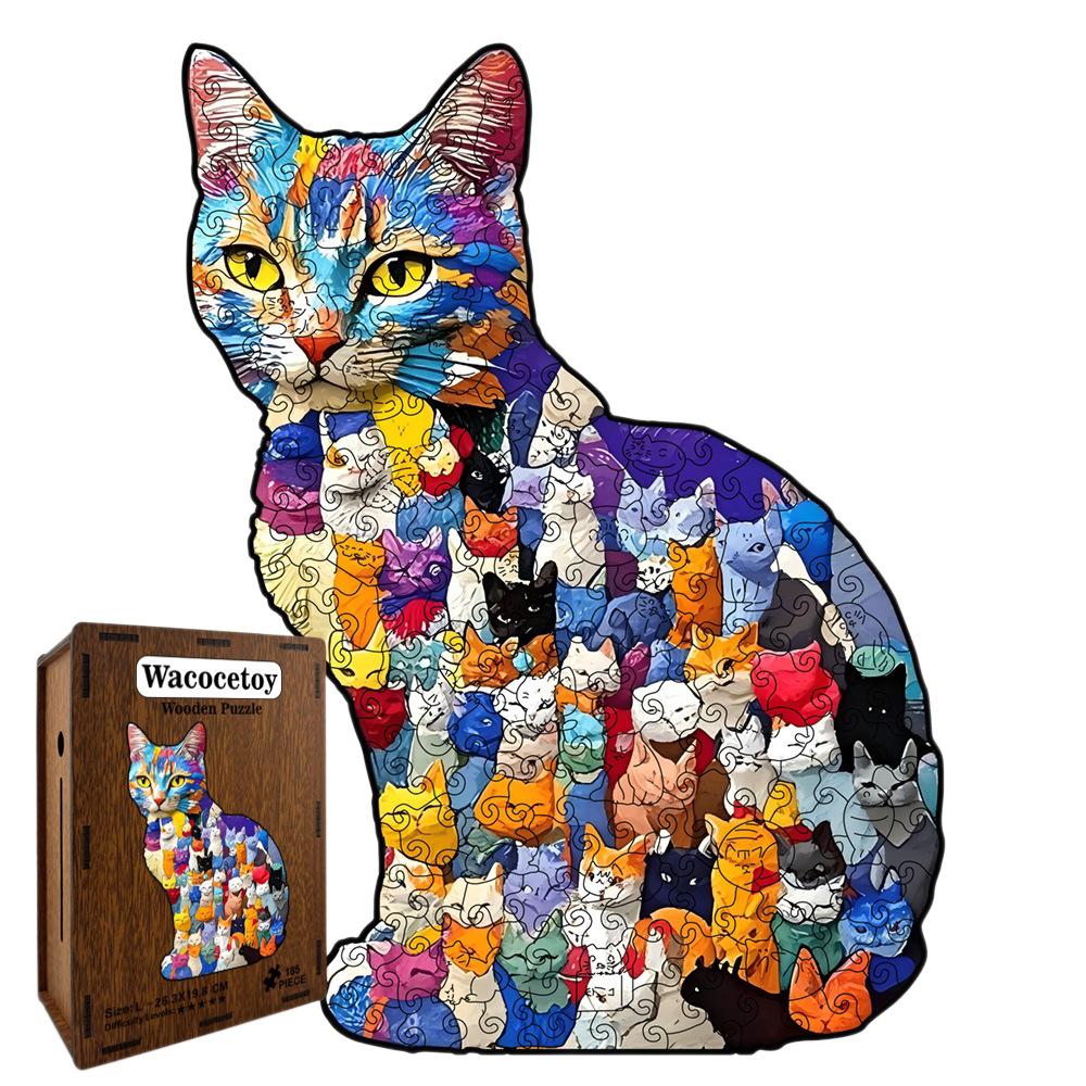 Cat Puzzle Color Kitten Irregular Splicing Toy Unzip Wooden Special-Shaped Puzzle