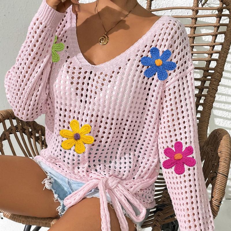 Women's V-neck Pullover Top Hollow Blouse with Bow Tie Woolen Outer Layer Knitted Sweater Spliced Loose