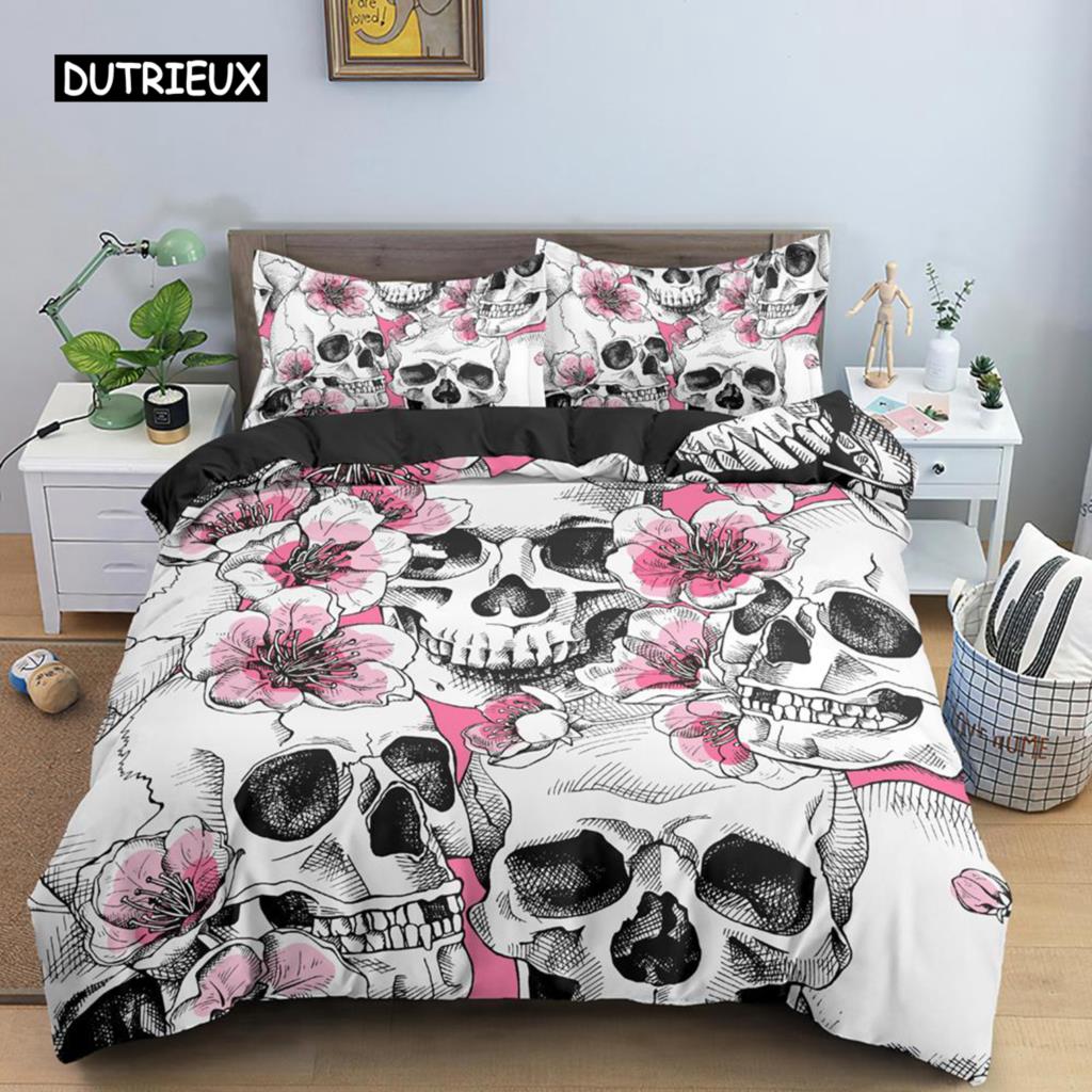 Skull Duvet Cover Set King Queen Size Gothic Rose Flowers And Skull Bones Bedding Set Microfiber Horror Skeleton Comforter Cover