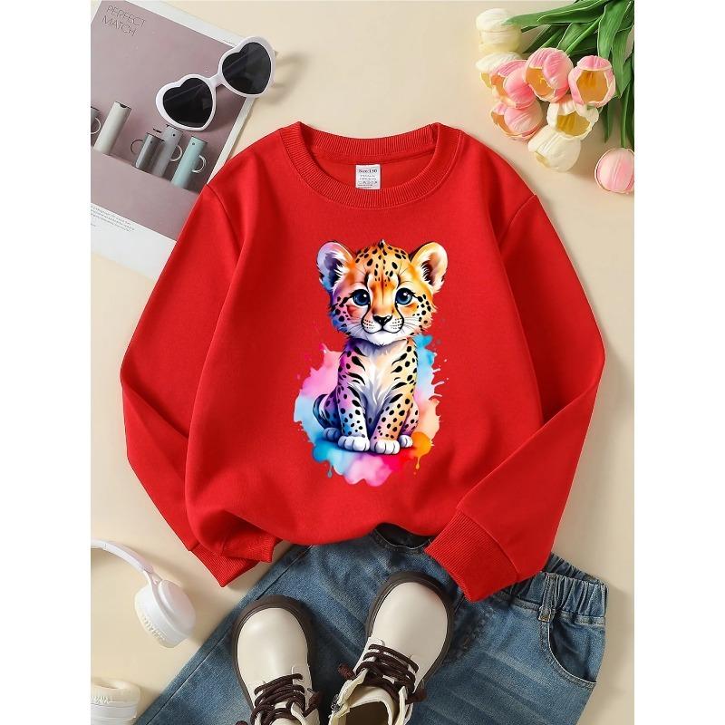 European sizes Kids' Crewneck Sweatshirt - Cheetah Cub with Colorful Watercolor ,Sportswear And Casual Wear, Soft And Comfortable, Children's Clothing