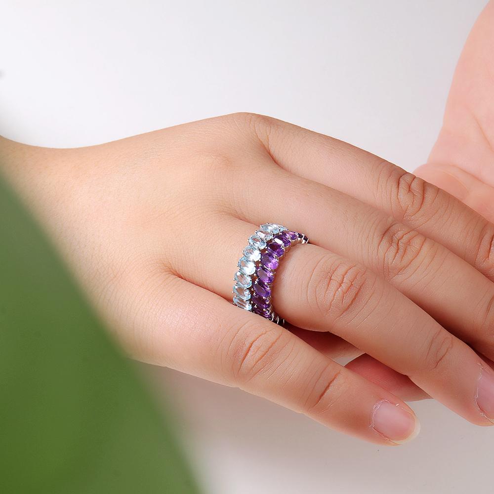 Pierścionek Elernality srebrny pełen kolorowych kamieni szlachetnych: naturalny błękitny topaz, ametyst, zielony agat owalny 3*5mm prosty pierścień