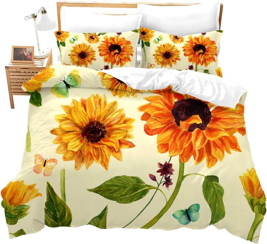 Sunflower Duvet Cover Set Polyester Comforter Cover Pink Tie Dye Bedding Set Yellow Petal Floral For Kids Girls Women King Size