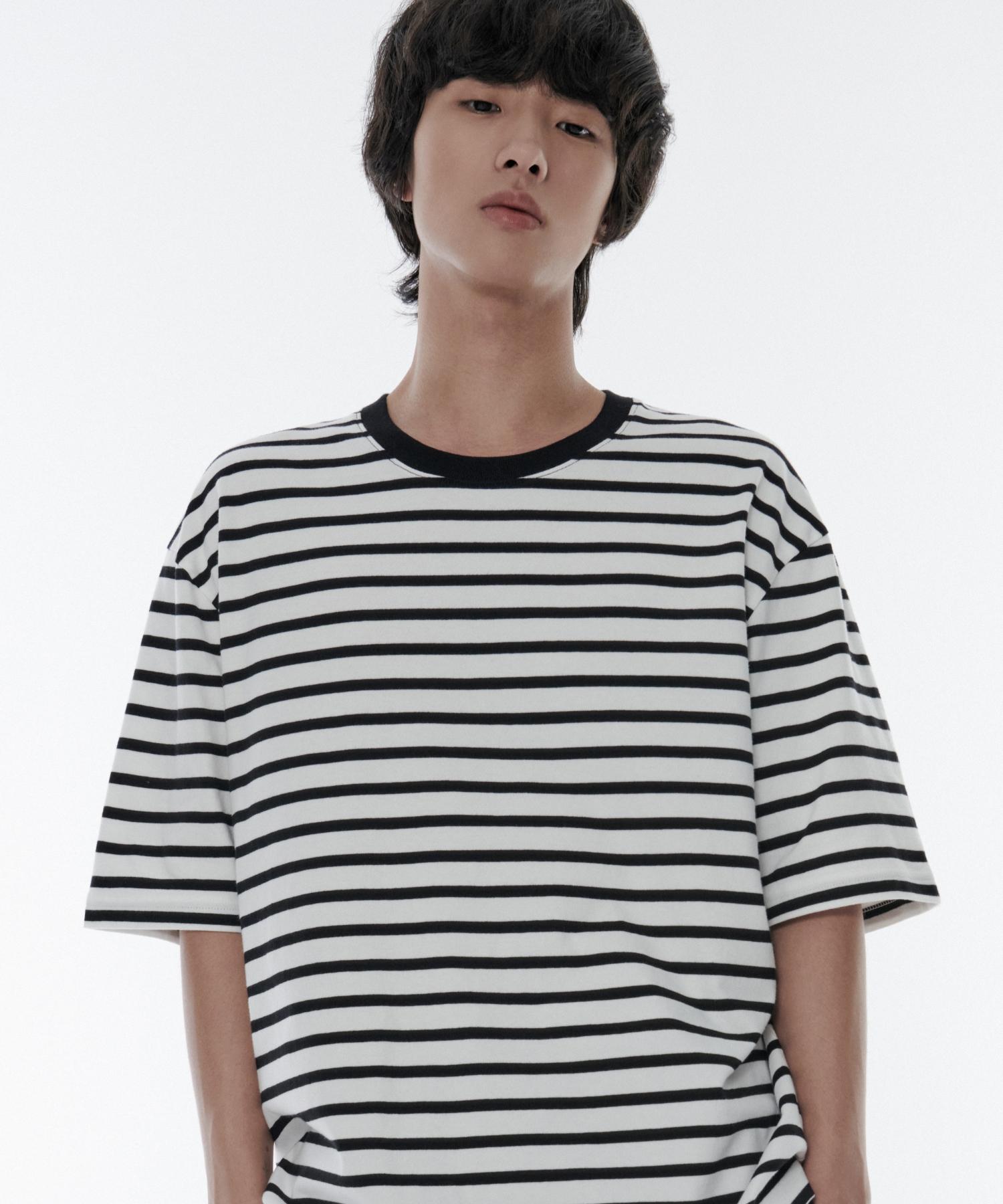 Musinsa Standard Breton Stripe Relaxed T-Shirt [White/Black] White/3Xl