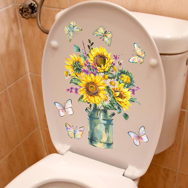 Sunflower Vase Wall Stickers Toilet Bathroom Decor Living Room Cabinet Home Decoration Beautiful Flowers Self-Adhesive Wallpaper