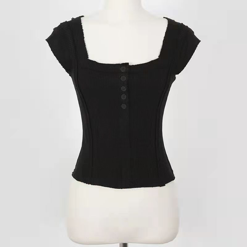 

Summer Undershirt Halter Square Neck Sexy Buttons Half Open Small Fly Sleeve Slim Top Casual Essential Comfort and Style Slim Fit Pullovers Tees One Size чорний